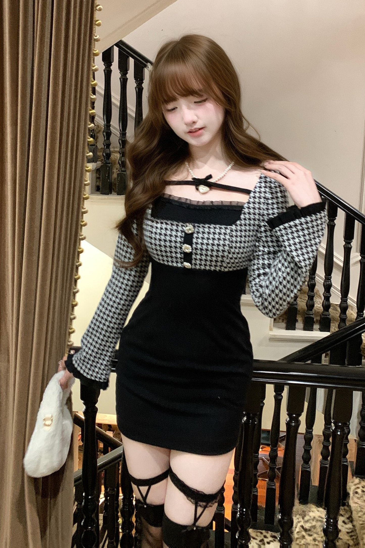 千鳥格子フレンチタイトドレス