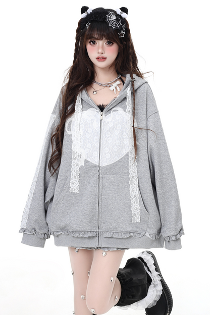 Lace Design Casual Sweet Hooded Hoodie