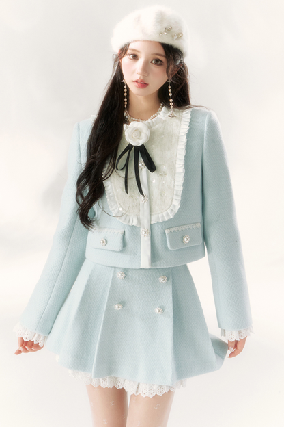 Ice Blue Rose College Style Jacket + Side Pleated Skirt