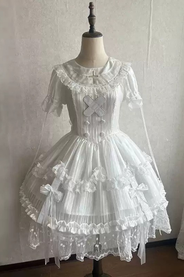 [Vorbestellung] Reines Weißes Gothic Elegantes Tüllkleid + Schwesternhaube