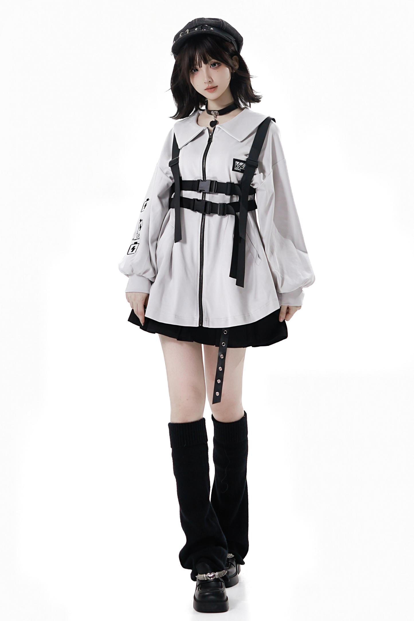 Neutral hooded jacket + coat + top + pants + straps