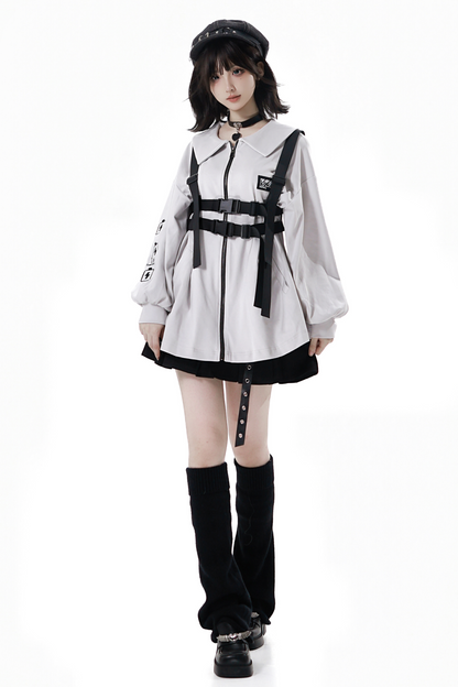 Neutral hooded jacket + coat + top + pants + straps