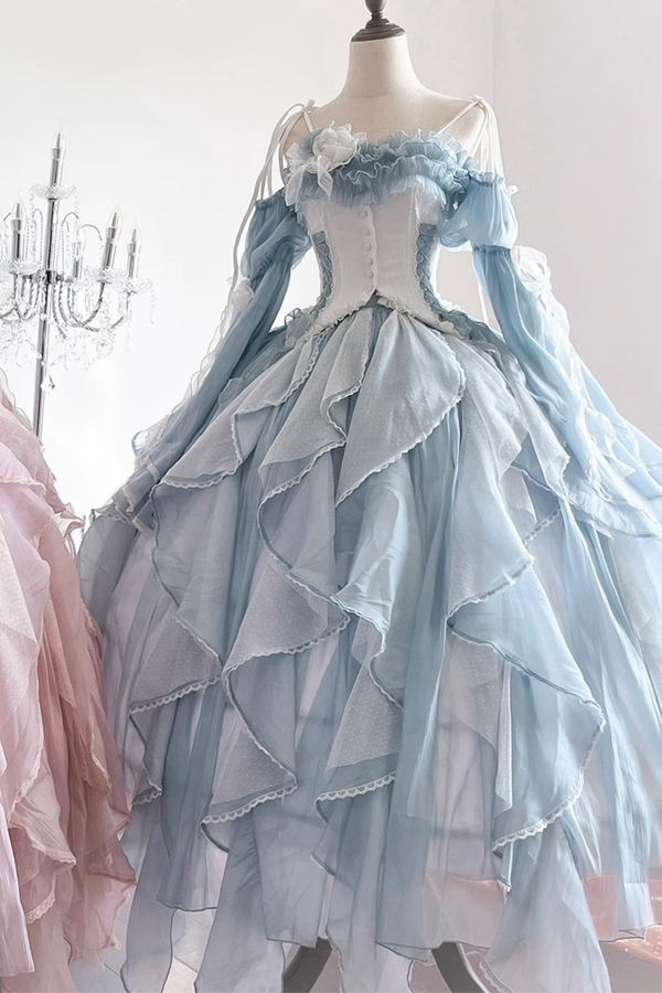 Blue Pink Fishbone Corset Wedding Dress