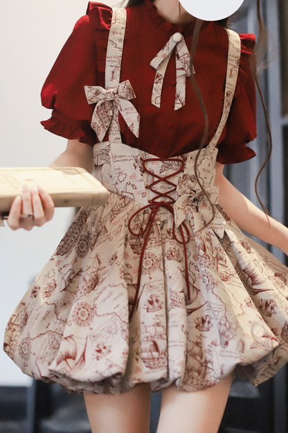 (Pre-order item) Wine Red Puff Sleeve Shirt + Balloon Jumperskirt