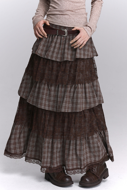 チェックティアードレースロングスカート