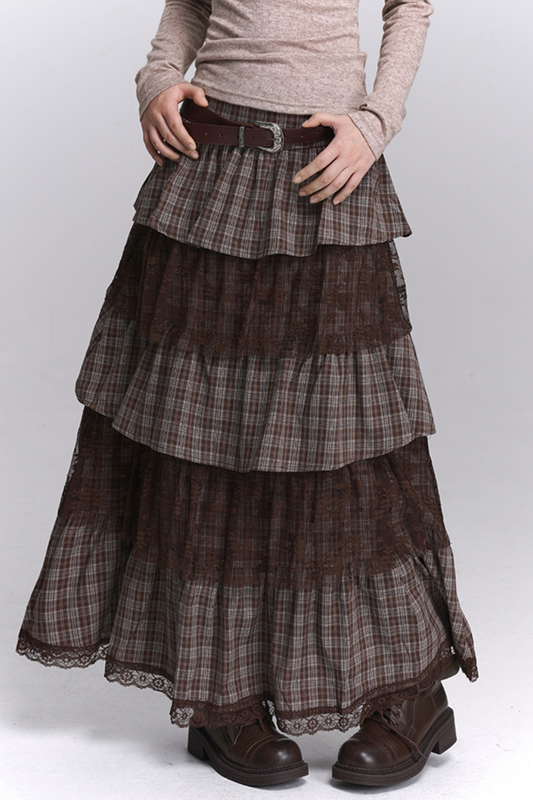 チェックティアードレースロングスカート