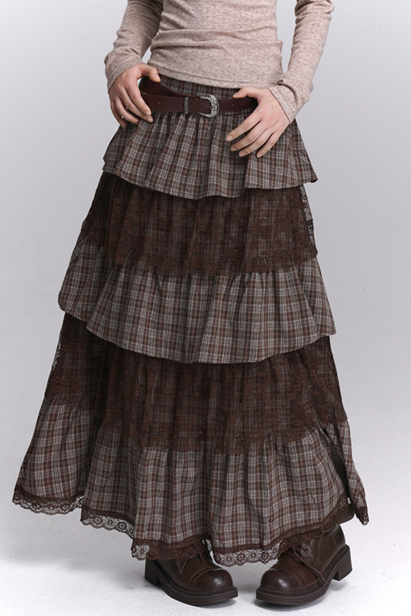 チェックティアードレースロングスカート