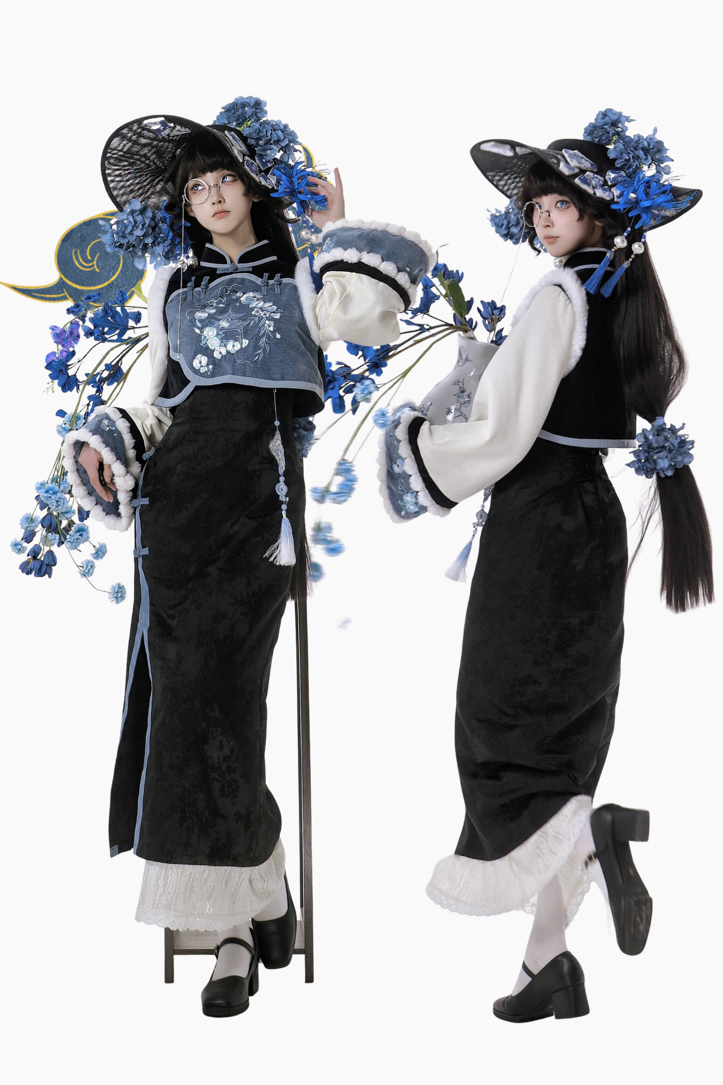 【予約商品】ブルーブラックエレガントベルスリーブチャイナドレス＋ベスト