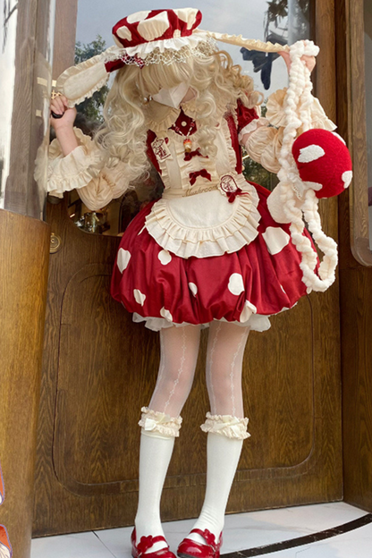 キノコドールワンピース+リボンフリルエプロン+フリルスリーブ+うさ耳ハット