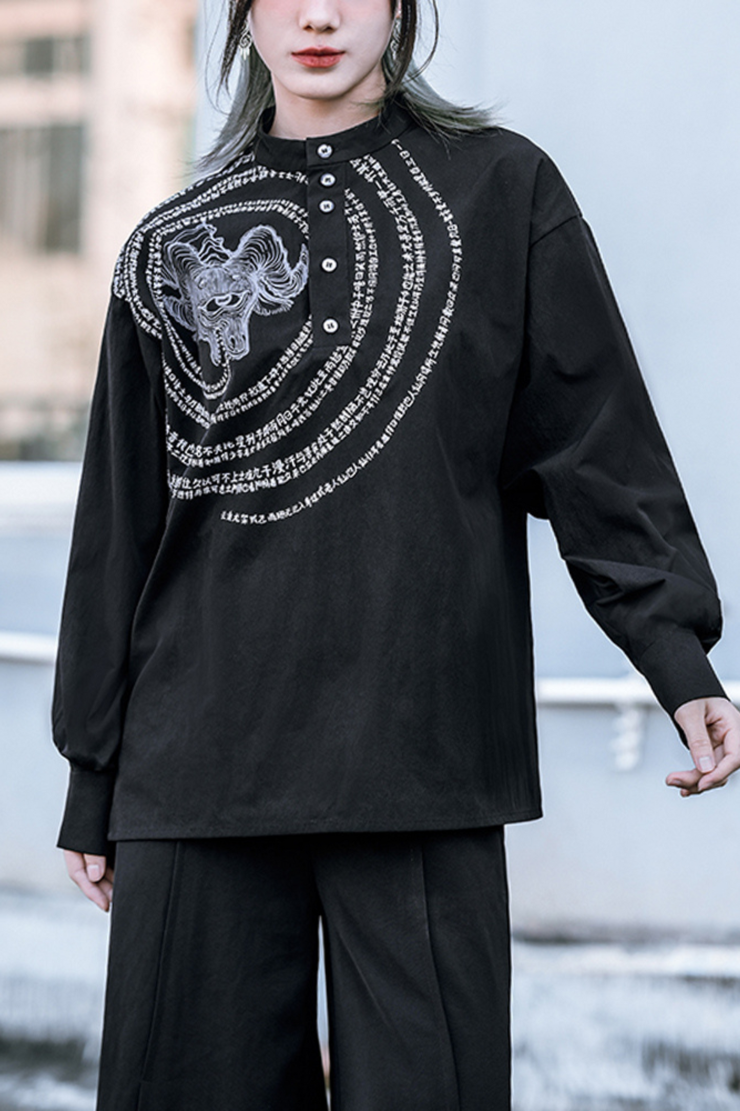 Stand collar print pullover top