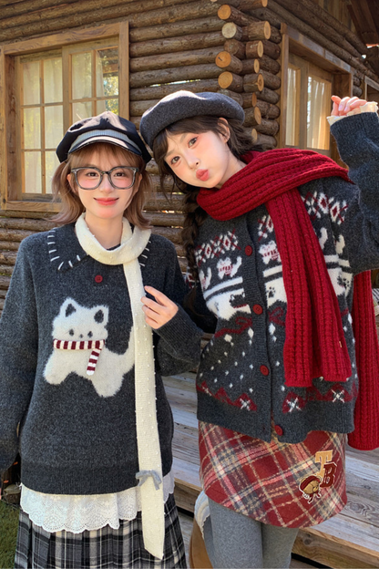 キャットニットセーター+スノーフレークカーディガン