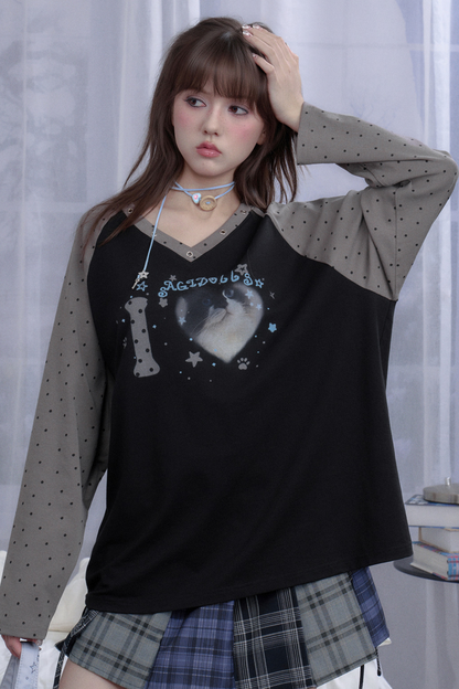 キャットプリントダークラグランロングスリーブトップス