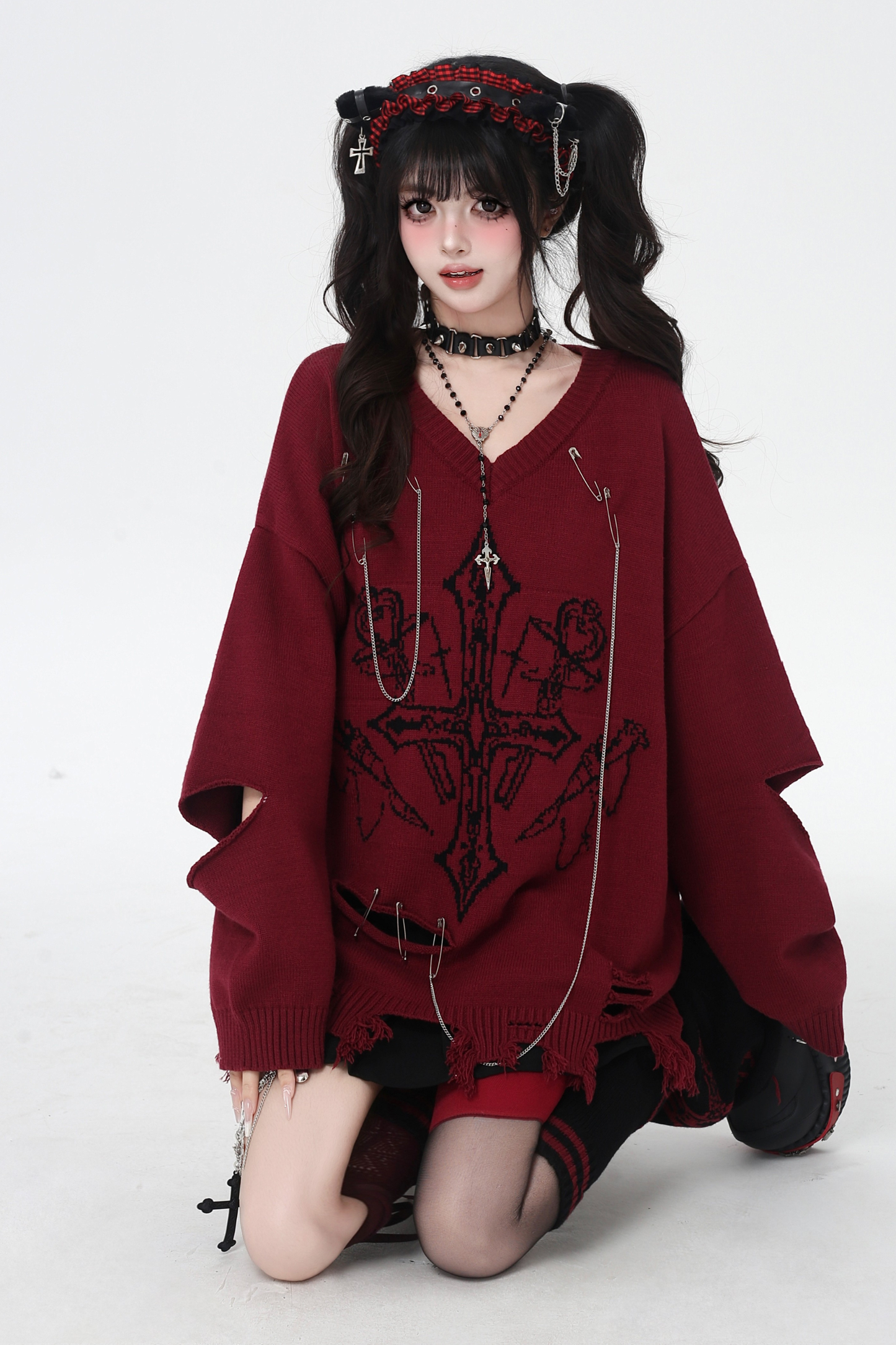 ゴシックライトアジアンVネックニッチルーズセーター