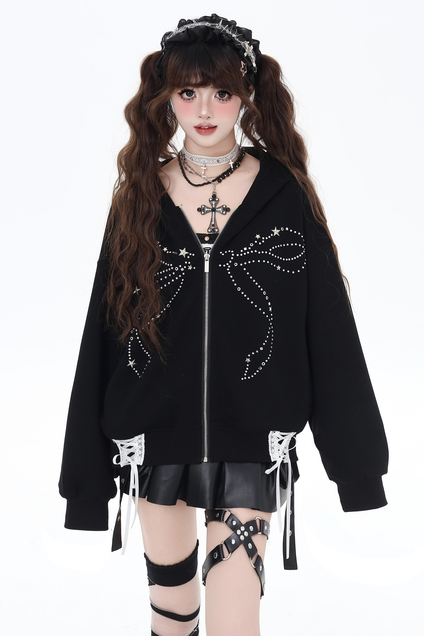 Loose Hoodie with Lame Ribbon Design