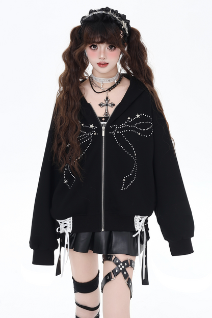 Loose Hoodie with Lame Ribbon Design