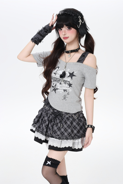 Plaid Lace-Up Tiered Skirt