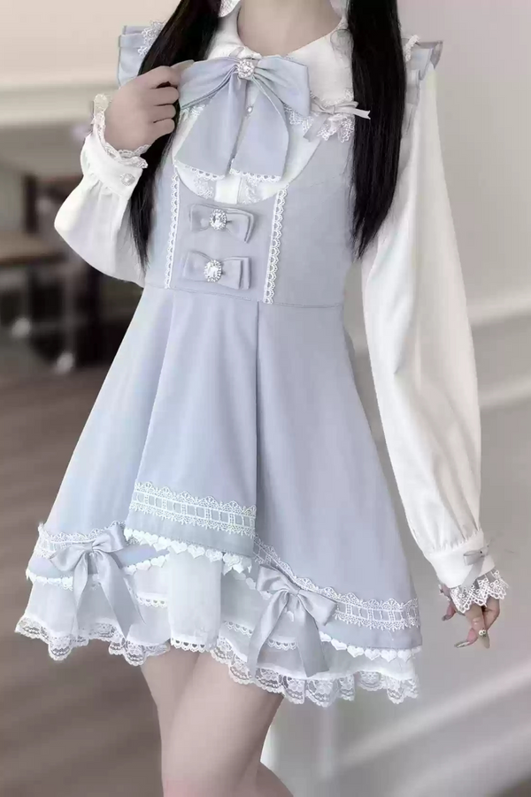 Rabbit Sweet Shirt + Ribbon Suspender Skirt