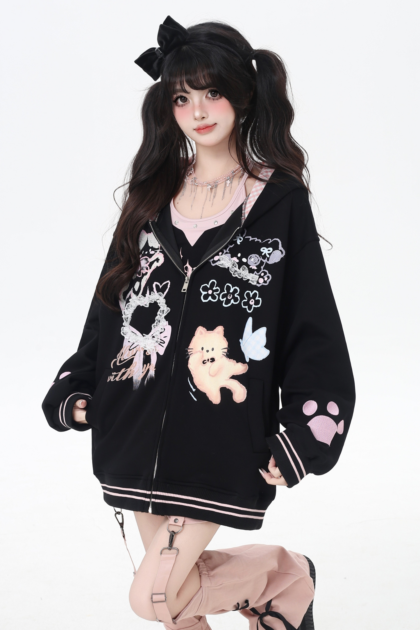 Animal Illustration Loose Zip Hoodie