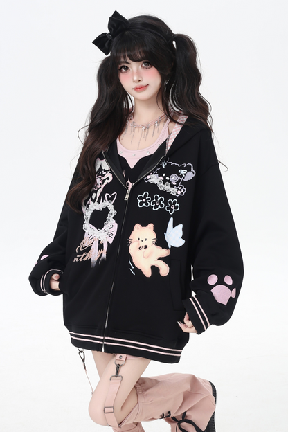 Animal Illustration Loose Zip Hoodie