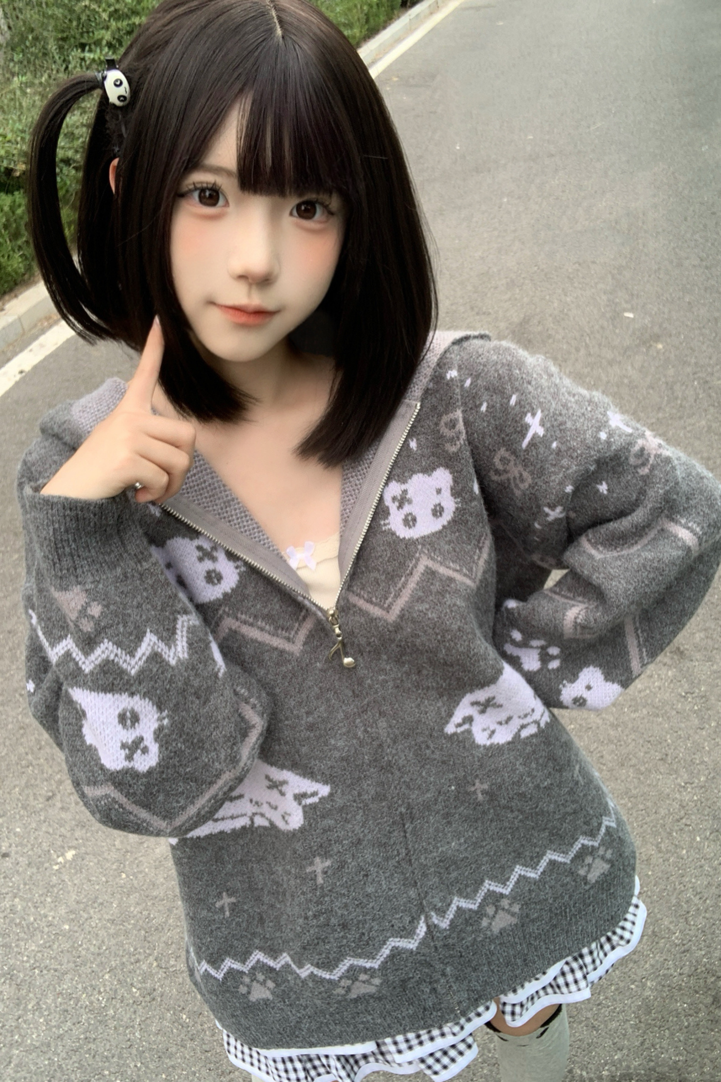 キャットデザインフード ニットカーディガン