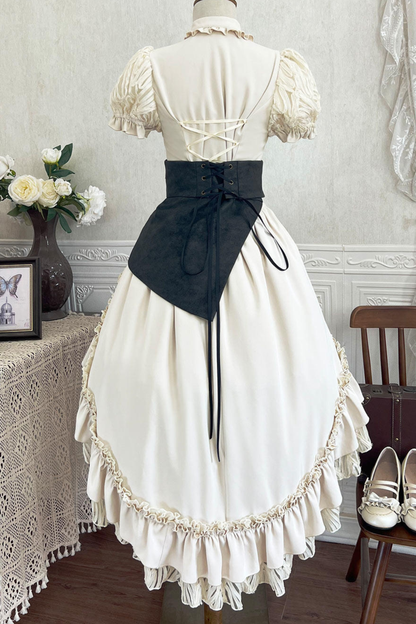 Vintage Lolita Puff Sleeve Top + Asymmetrical Skirt + Corset