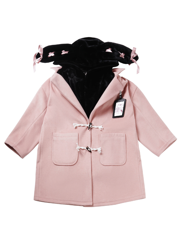 Lace-up bunny ear hoodie layered duffle coat