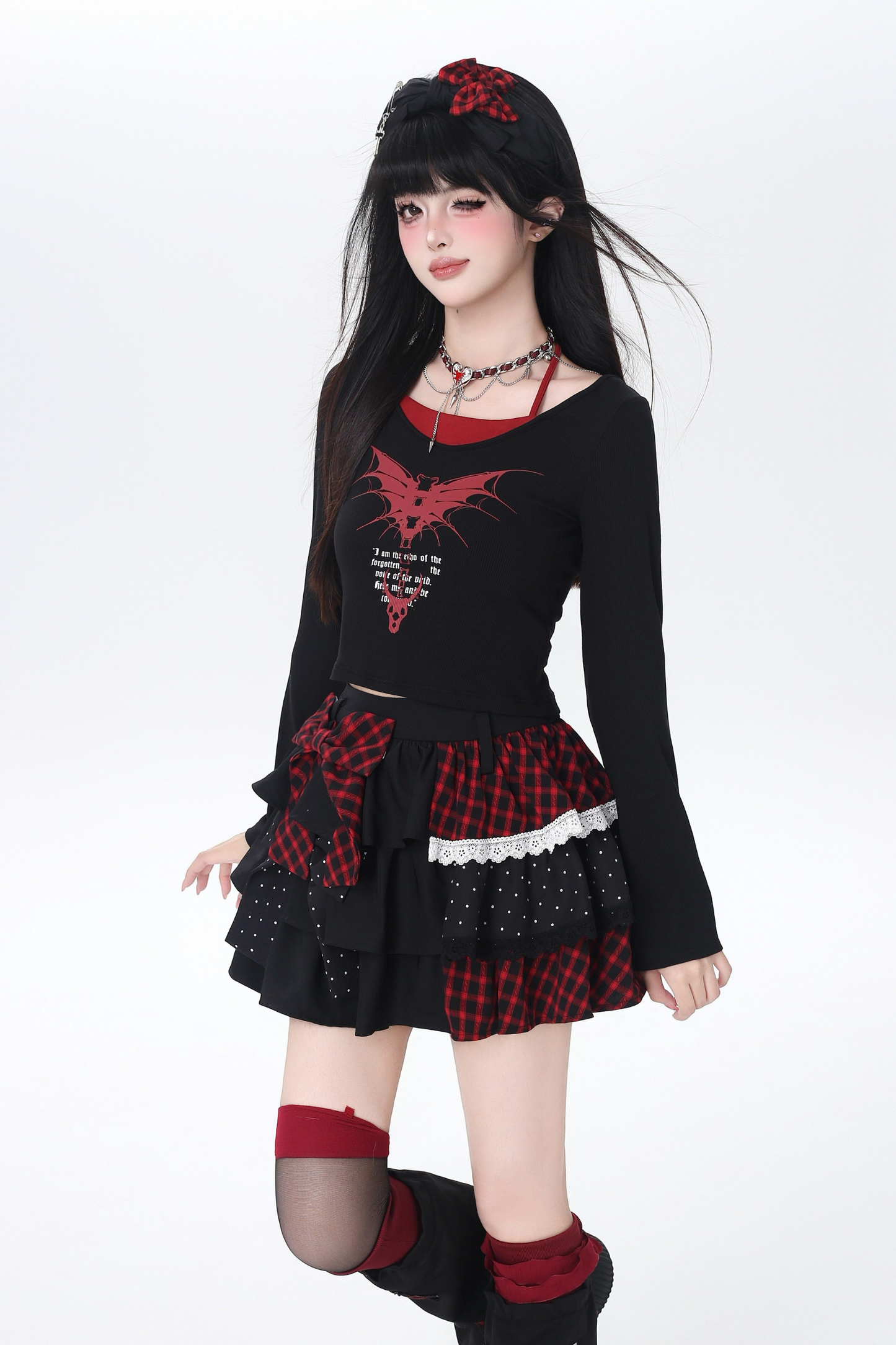 Plaid Dot Tiered Skirt