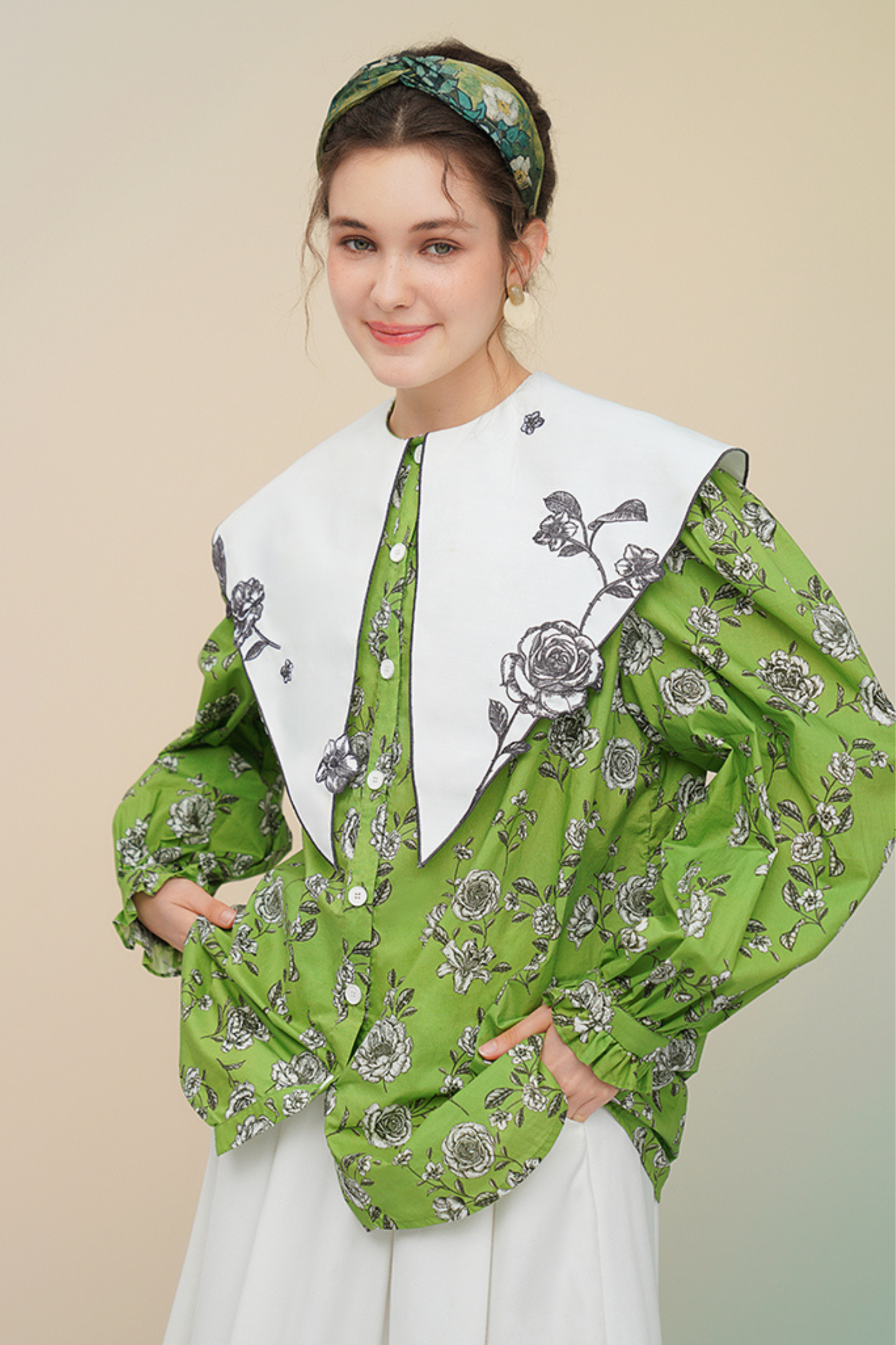 グリーンローズフレンチヴィンテージプリントシャツ