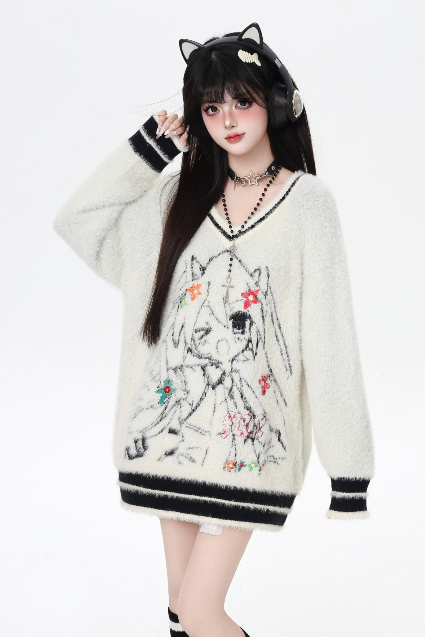 ミンクファーVネックルーズセーター