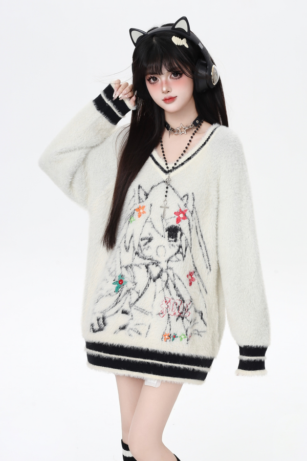 ミンクファーVネックルーズセーター