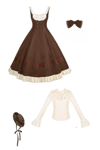 ツインフリルドールジャンパースカート+トップス+リボン+ハット