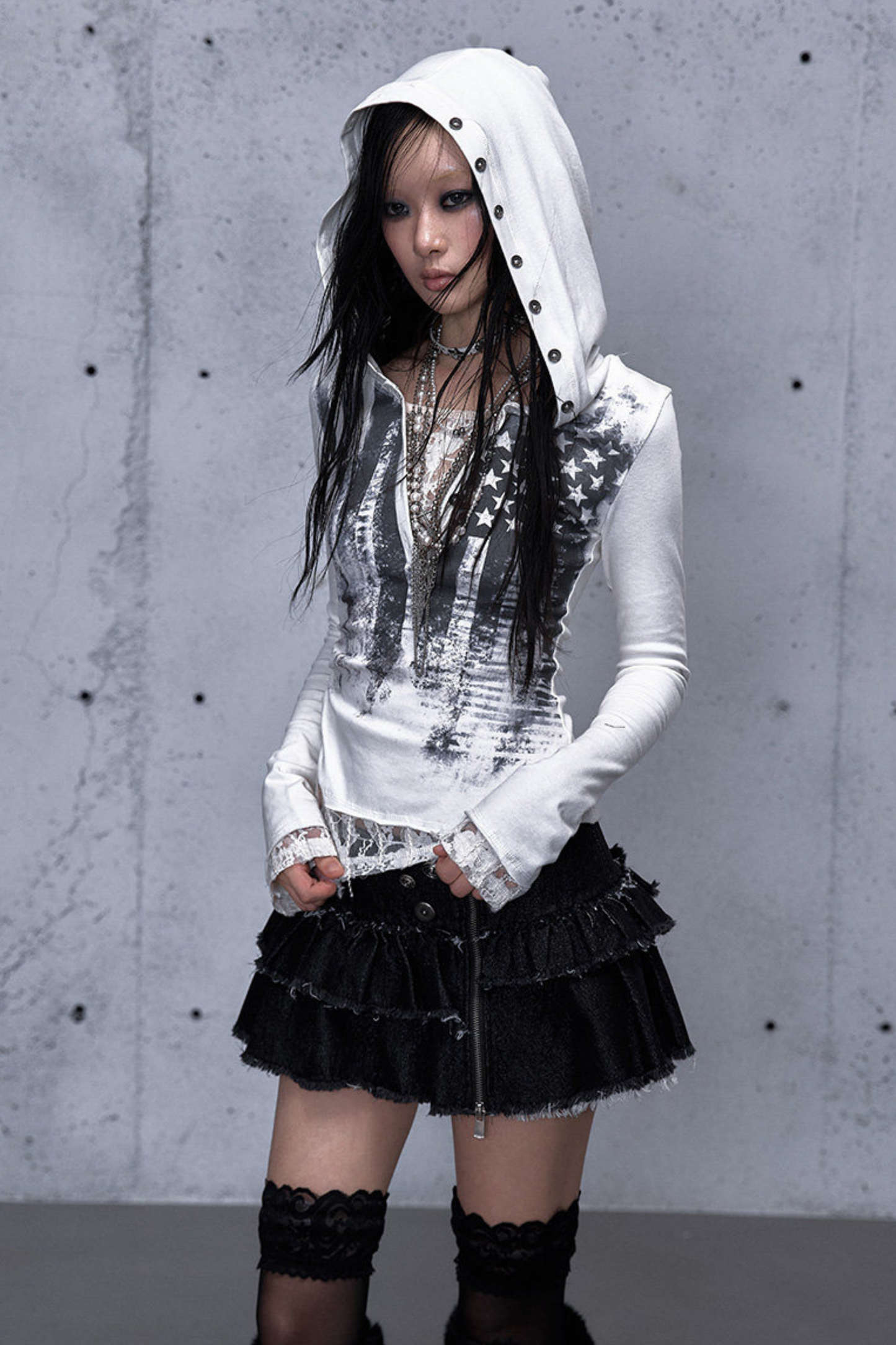 레이스 패치워크 타이트 후드 파커