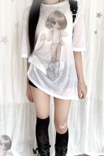 Angel Girl Print Sheer Loose Top