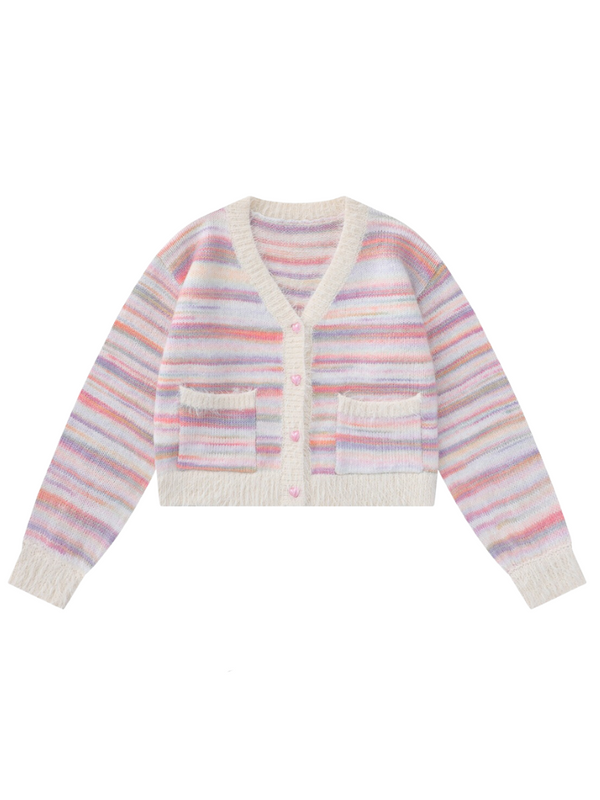 Sweet Rainbow Pink Stripe Short Knit Cardigan