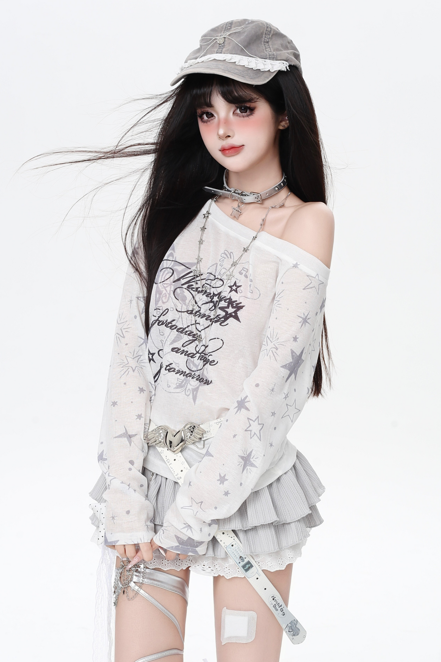 シアーワンショルダールーズY2Kトップス