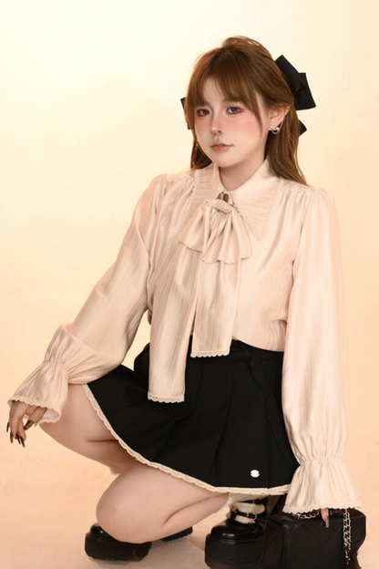 [Reservation product] Shiny ribbon shirt + pleated skirt