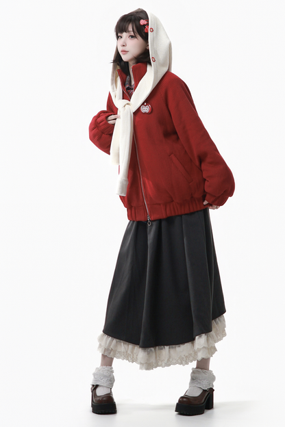 アップルブラックティーフリースコート+フーディー+ロングスカート+ショートスカート+フードマフラー