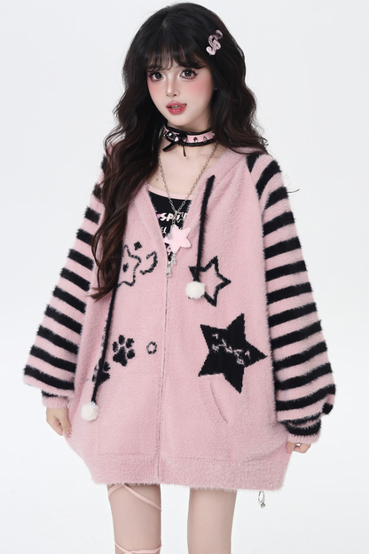 Star Line Striped Hooded Knit Cardigan