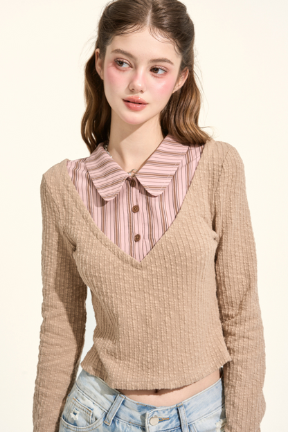 プレッピースタイルストライプカラーフェイクツーピースニット