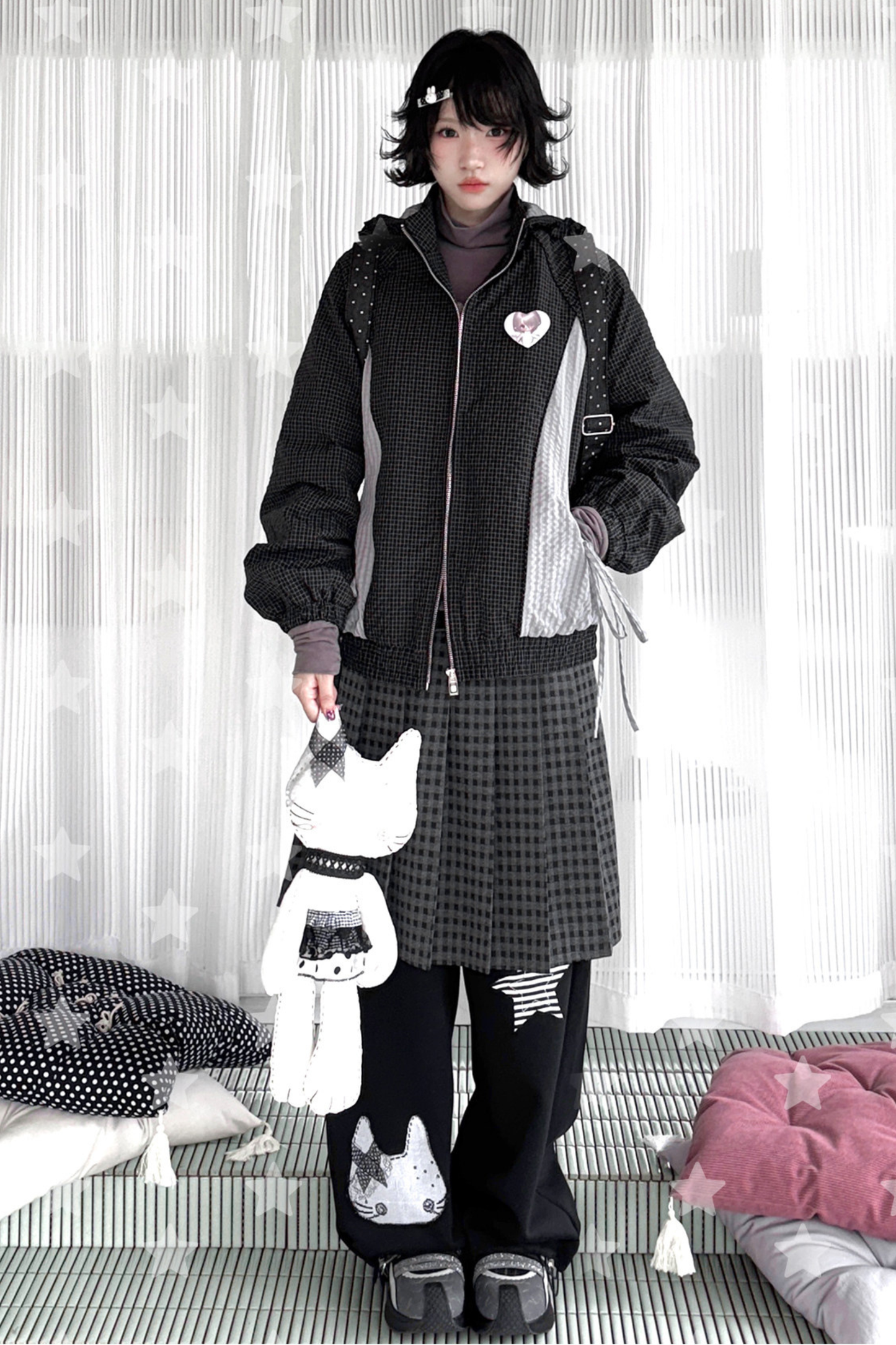 Animal Doll Print Top + Pleated Skirt + Wide Pants + Jacket