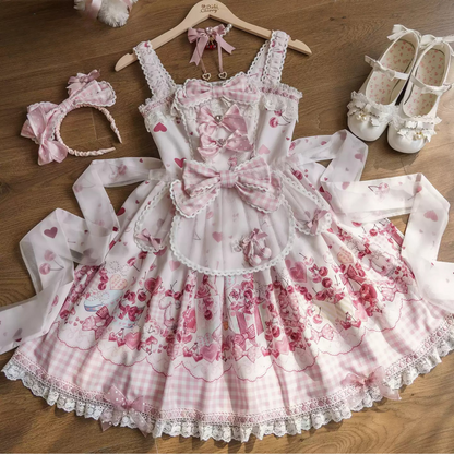 [Précommande jusqu'au 5 mai] Robe JSK à imprimé cerises roses, dentelle, ruban et tablier oreilles de lapin + accessoires