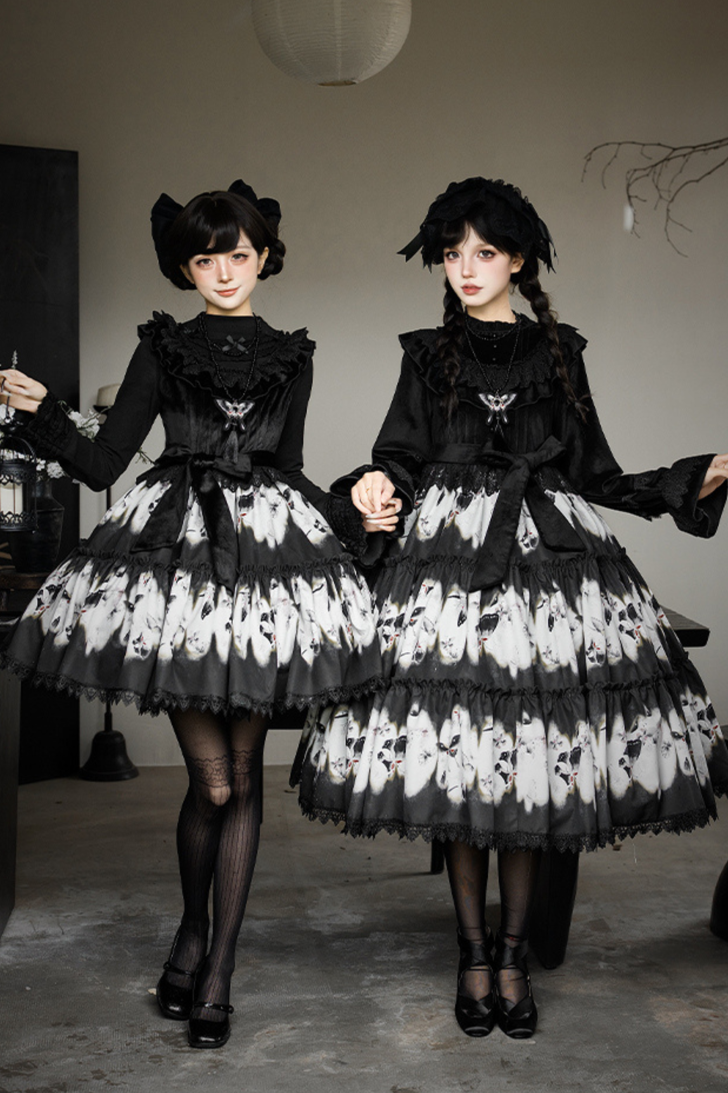 シックバタフライプリントスイングロリータドレス+ジャンパースカート+ヘアバンド+インナー+リボン