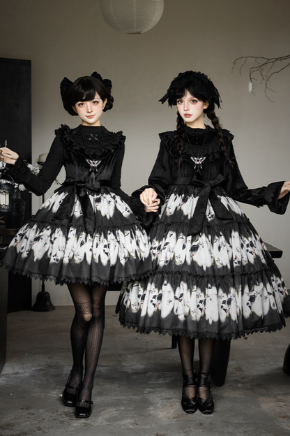 シックバタフライプリントスイングロリータドレス+ジャンパースカート+ヘアバンド+インナー+リボン