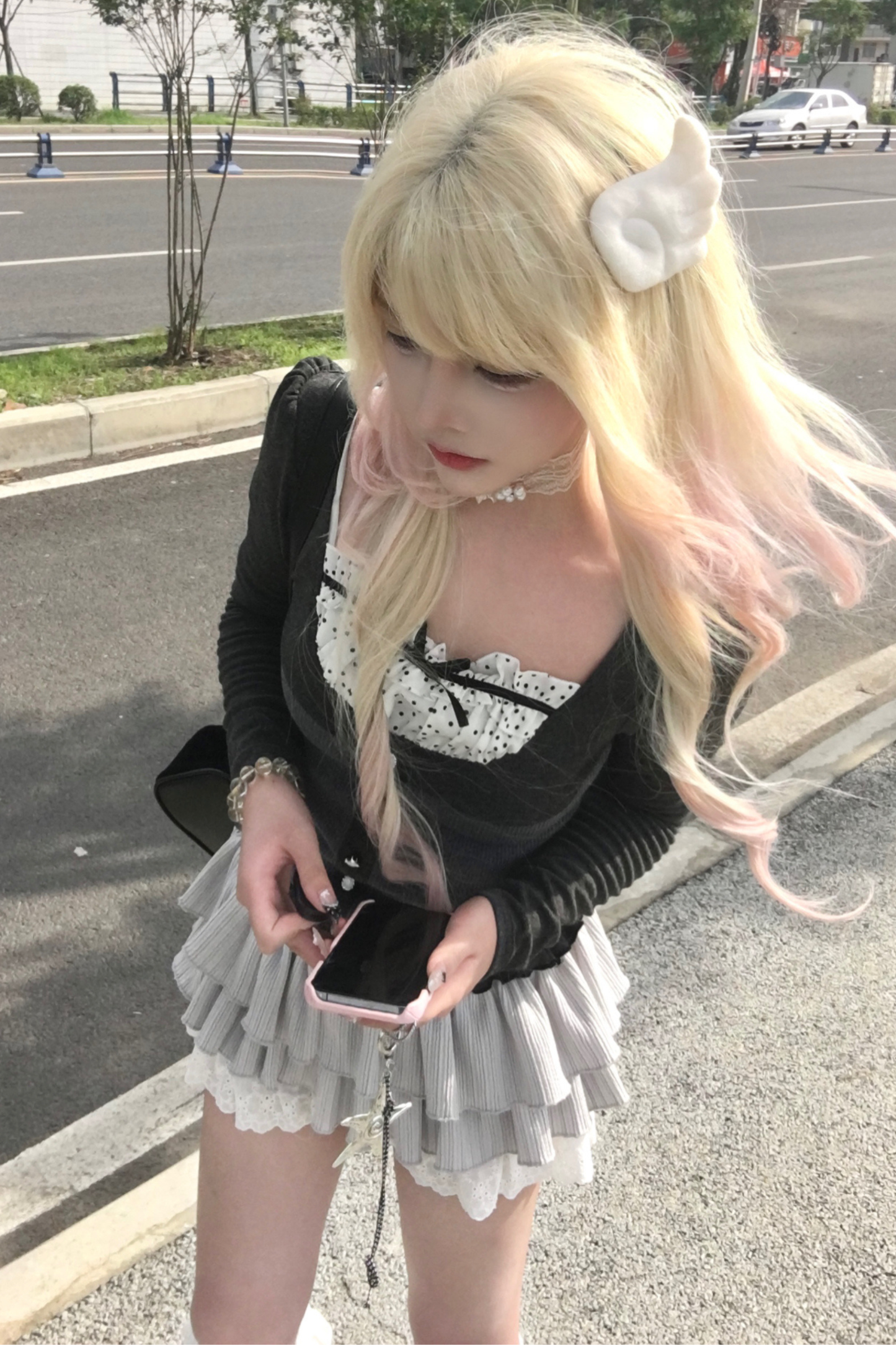 スリムリボンドットスリムトップス+ケーキスカート