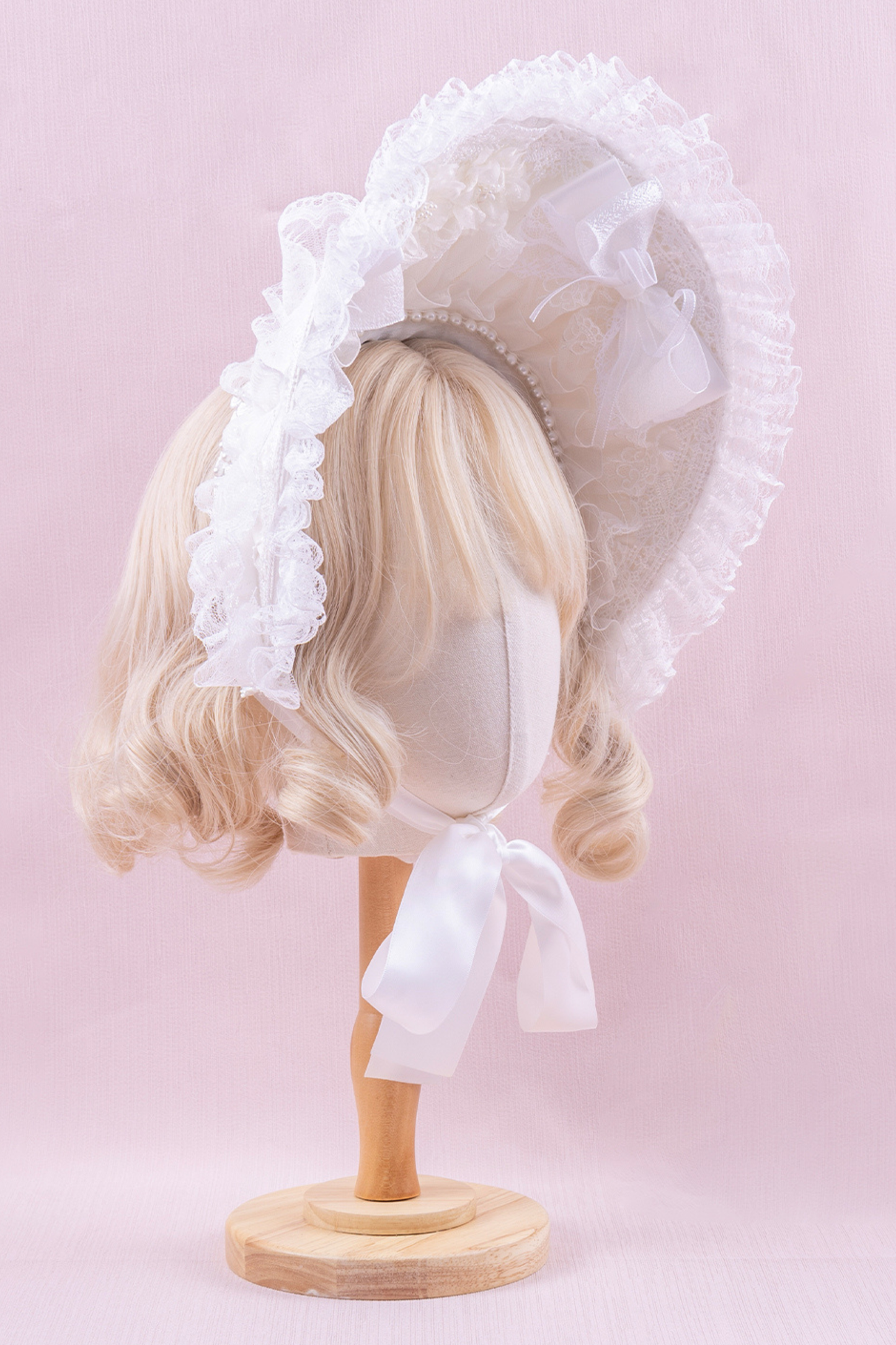 ホワイトレースブライダルスタイルボンネット+ヘアバンド+クリップ+スリーブ