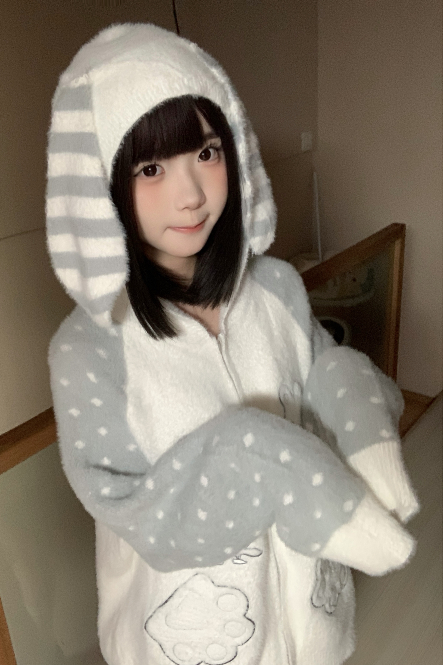 ボーダードットラビットフードニットパーカー