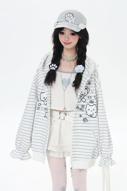 ボーダールーズキャットデザインフードパーカー