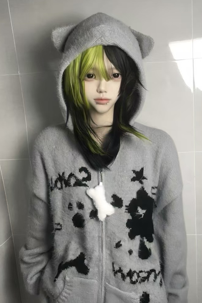 Cat Ear Hood Loose Zip Cardigan