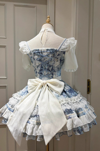 [Reservation product] French Elegant Blue White Oil Paint Two Piece Dress