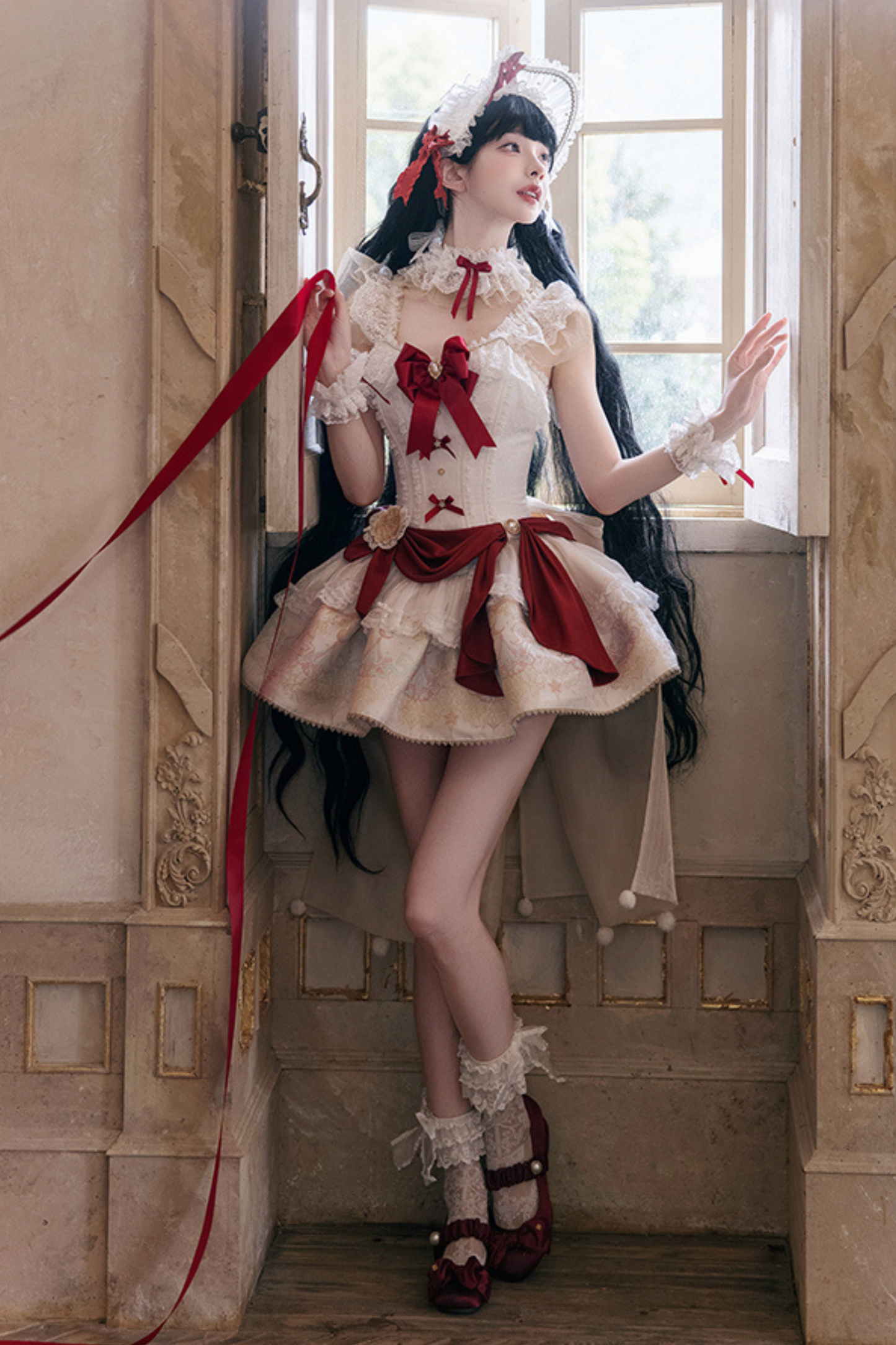 白雪プリンセスロリータドレス+ボンネット+レースチョーカー